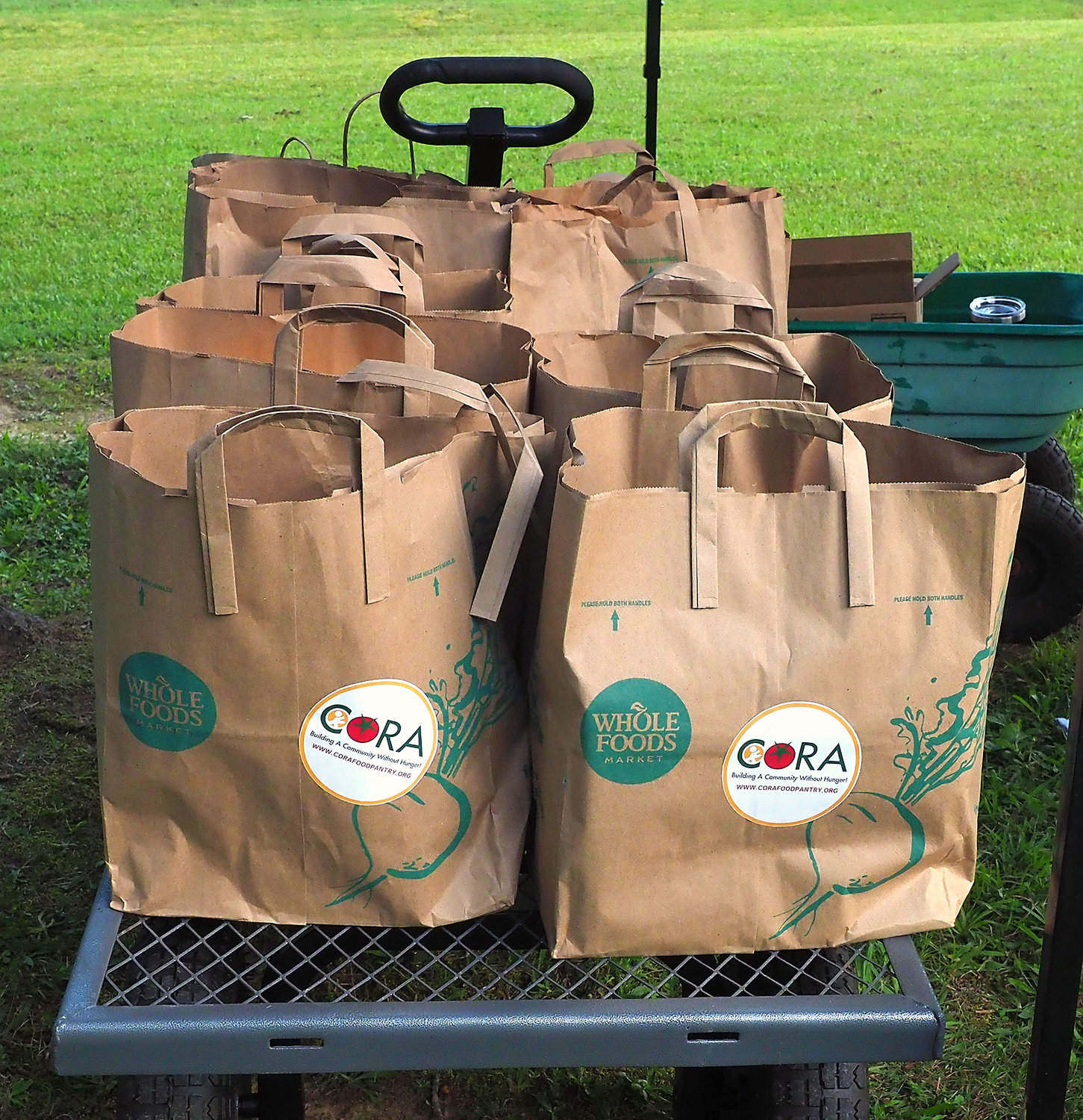 Pittsboro's CORA Food Pantry supplied grocery bags of shelf-stable food boxes, like these, for distribution last Saturday at Cedar Grove UMC for no charge.